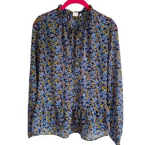 GAP Blue Multicolor Floral Semi Sheer Peplum Long Sleeve Ladies Ruffled Blouse,S